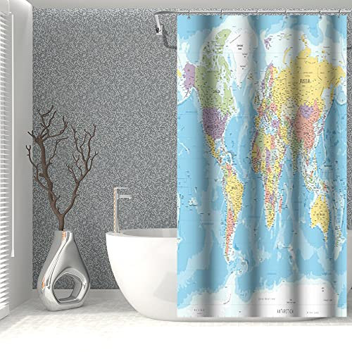 SDOTPMT 90x183cm Monde Carte Rideau de Douche des Pays et Villes Géographie Éducatif Rideau de Bain Bleu Océan Continents Rideau de Baignoire Tissu Étanche pour Salle de Bain avec Crochets