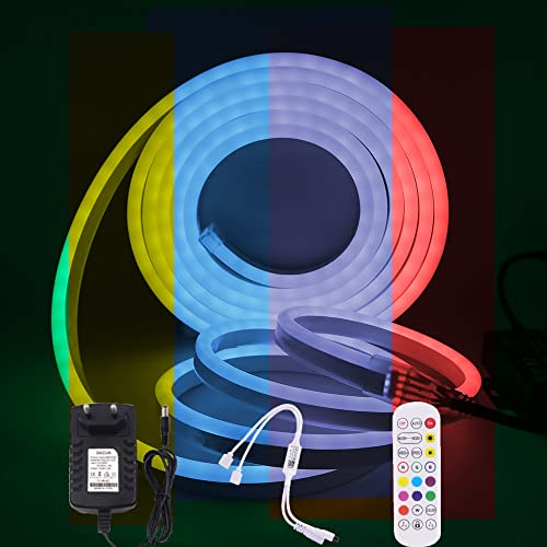 Wisada RGB Neon LED Streifen 1M, DC12V 5050 72LEDs/m Silikon Flexibler Neonstreifen, Bluetooth Musiksynchronisierung Multi-Farbwechsel Neon LED Lichtband mit Fernbedienung & Netzteil für Schlafzimmer