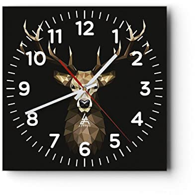 Modern Wanduhr Geometrisch Hirsch Modern 40x40cm Quadrat Groß Wand Uhr Glas Analog Zimmeruhren Küche Büro Wohnzimmer Glasuhr Wall Clock Dekoration Design Wanddekoration Küchenuhr C4AC40x40-4215