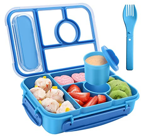 Amathley Bento Box Adult Lunch Box,Leakproof Lunch Box Kids with 1300ML-5 Compartments,Bento Box with Sauce Vontainers,Microwave & Dishwasher & Freezer (Blue)