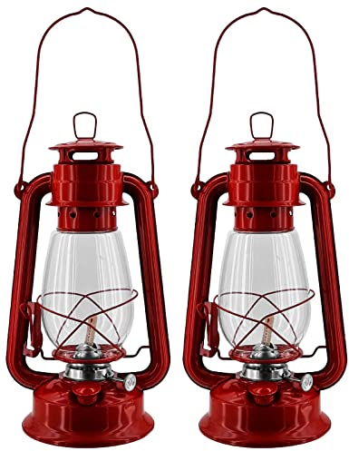 Petroleumlampe Öllampe Outdoor 2er Set – Sturmlaterne nostalgisch Rot 250ml Tank 10–14h Brenndauer – robuste Kaltluftlaterne mit feuerfestem Glas für Camping Garten Notfall Beleuchtung