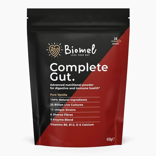 Biomel Complete Gut - Pure Vanilla - Advanced Gut Health - 450g/30 Servings - Vegan Friendly - Gluten Free - Delicious & Effective