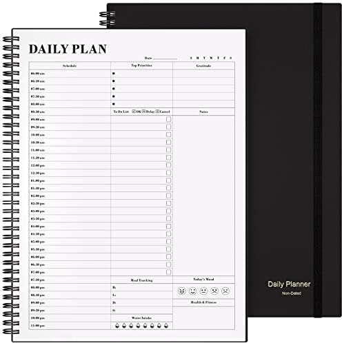 Planer Undatiert, Asten Tagesplaner Agenda mit To Do Liste, Stundenpläne für Frauen und Männer, Spiral-Terminbuch mit elastischem Verschluss, Innentasche 21,6 x 28 cm (Schwarz)