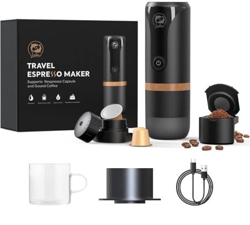RECAFIMIL tragbare Espressomaschine wiederaufladbare elektrische 12V Sieb Carrier Automatische Kaffeemaschine Kompatibel mit NS Kapseln und Kaffeesatz für Camping, Reisen, Zuhause