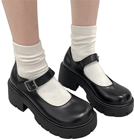 Minetom Damen Mädchen Klobige Plattform Mary Jane Schuhe Schnallenriemen Retro Runder Zeh Plattform Pumps Chunky Lackleder Party Kleid Schuhe Schwarz Matt 39 EU