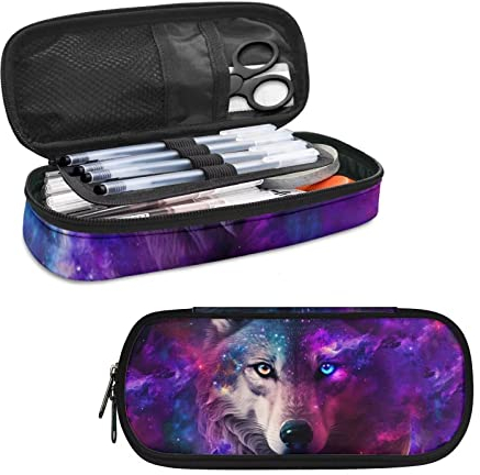 HELLHERO Galaxy Wolf Federmäppchen, langlebig, Stifteetui, Stiftehalter, Schreibwaren, Organizer, Aufbewahrungstasche, Box für Kinder, Mädchen, Jungen, Teenager, Frauen, Männer, Büro, Geschenke