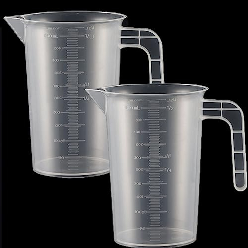 Lot de 2 verres doseurs en plastique avec poignée et graduation des grammes de 500 ml, résistants à la chaleur, verres doseurs de précision, pour détergent, cuisine, laboratoire, 0.5 l, transparent