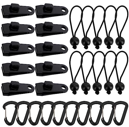 30 Stück Tarp Clips Set, 10 Heavy Duty Tarp Clips mit 10 Zelt Bungees Schnüre und 10 Karabiner Clips für Camping Zelte Abdeckung, schwarz