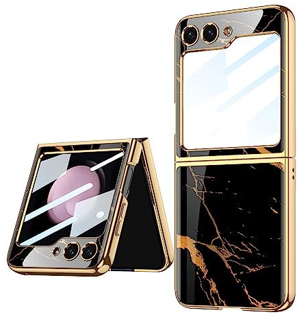 COQUE Custodia Galaxy Z Flip 5 5G,Custodia per cellulare verniciata lucida in vetro ultra sottile 9H,Cover pieghevole per Samsung Galaxy Z Flip 5 5G-Oro nero
