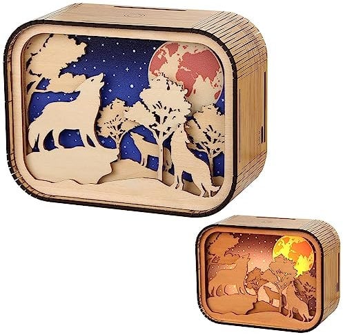 3D Ornament Lamp, Wolf Light, Wooden Ornament, Touch Control, USB Rechargeable Night Light, Desktop Decorative Ornaments for Home Office Bedroom, Birthday Gift Christmas Halloween Anniversary Present