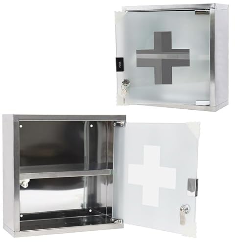 AufuN Medizinschrank aus Edelstahl 2 Fächer Abschließbarer Arzneischrank | Medikamentenschrank Hausapotheke mit Glas Tür und Schloss, Erste Hilfe Schrank für zu Hause, Silber, 30x12x30cm