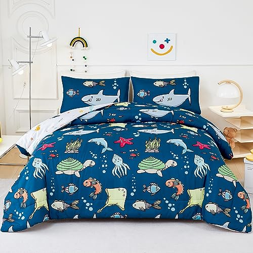 WINLIFE Kinder-Bettwäsche-Set für Jungen, Teenager, Mädchen, superweich, wendbar, Ozean-Thema, bedruckte Steppdecke, leicht zu waschen, 2 Stück, Marineblau, Haie/Delfine/Fisch)