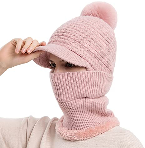 liaddkv Damen Winter Slouchy Strick Warme Mützen Wollmütze Schal Integrierte Pullover Mütze Niedliche Outdoor Gehörschutzmütze Strickmütze Fellmütze (Pink, One Size)
