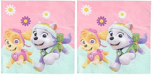 Procos 90277 - Servietten Paw Patrol, Skye & Everest, 20 Stück, Größe 33 x 33 cm, Papierservietten mit Motiv, Helden auf vier Pfoten, Hunde, Party, Tischdekoration, Mundtuch (Packung mit 2)