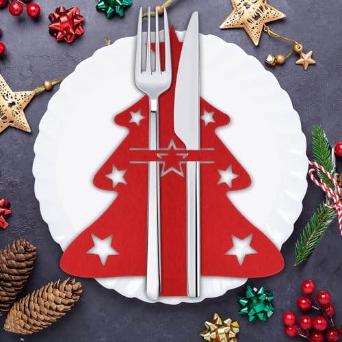 CZMAO Besteckhalter Weihnachten Filz, 12 Stück Bestecktasche Tannenbaum Besteckbeutel Tischdeko,Weihnachts Messer Gabeln Löffel Geschirr Besteck Taschen für Party Tisch Weihnachtsdeko