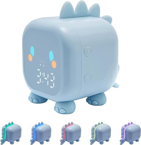 BNGXR Réveil Enfant, Dinosaures Réveil Enfants Numérique avec Lumière Snooze Alarme, Réveil Enfants Filles Garçons Digital Lumière Colorée, Horloge de Bureau Rechargeable Enfants (Bleu)