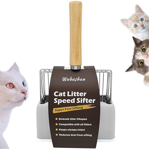 Wubushan Katzenstreuschaufel mit behälter, Katzenklo Schaufel Metall mit Halterung, Katzenstreu Schaufel mit holzgriff, Lochabstand 7mm, Länge 28cm, Litter Box Scoop, Cat Litter Scoop
