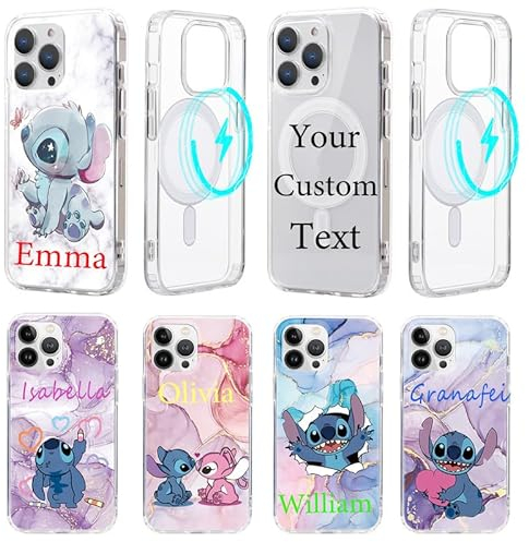 Personalisiert Handyhülle für iPhone 15 Pro Max Hülle 6,7,Kompatibel mit MagSafe,Stitch Anime Muster Personalisierte mit Text Name Individuelle Schutzhülle Transparente TPU Stoßfest Beschützen Case