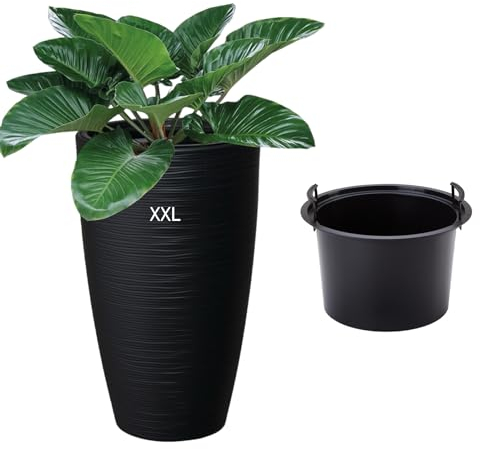 MELTOM Blumenkübel Blumentopf Pflanzkübel mit Herausnehmbaren Einsatz Rund horizontale Streifen (Schwarz, XXL-58cm)