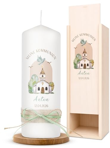 AMARI ® Kommunionkerze personalisiert Friedenskapelle H:20cm/⌀:7cm - Personalisierte Kommunionkerze für Jungen & Mädchen – Kerze zur Kommunion selbst gestalten