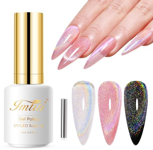 Imtiti Rainbow Cat Eye Gel Nail Polish, 15ML Holographic Glitter Cat Eye Gel Polish with Magnet UV LED Magnetic Gel Nail Polish Iridescent Sparkly Home DIY Manicure Nail Salon Kit