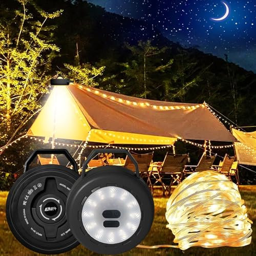 Leehui Camping String Lights, Portable LED Strip Light, USB Rechargeable IP65 10M Rope Tent Star Lantern for Campsite, Awning, Kids Play Area, Bedroom, Car, Backyard, (Black, 10M-Warm White)