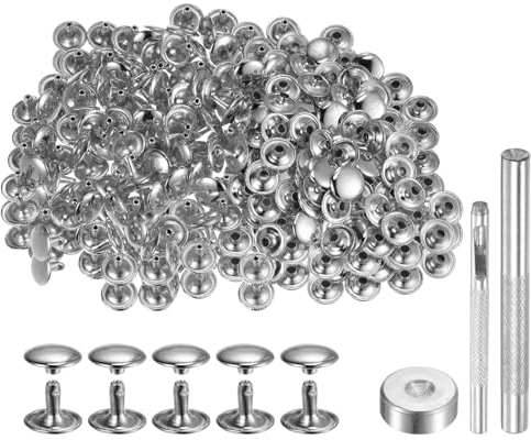 QUARKZMAN 200 Sets Leder Nieten 12mm x 10mm Metall Doppelkappe Nieten Druckknöpfe Befestigungselemente mit 3pcs Werkzeugen zum Setzen für Lederhandwerk Reparatur Dekoration, Silberton