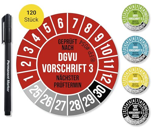 Frank Paperman® 120x DGVU V3 Prüfplaketten rot 30 mm Durchmesser inkl. Folienstift, Prüfplaketten Nächster Prüftermin, UV-beständig, Hohe Klebkraft, 5 Farben, 2 Größen
