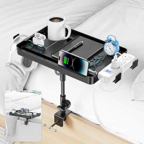 CLESOO Comodino Camera da Letto, Scaffale da Letto ad Altezza Regolabile con Portabicchieri, Slot per Tablet, Fori per Cavi e Ganci, Mensola del Comodino con Supporto per Ciabatte per Letto Casa, Nero