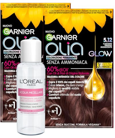 Garnier Olia Glow Colorazione Capelli Tinta Permanente Colore 5.12 Castano Freddo Iridescente 2 Tinte + Acqua Micellare Detergente Delicato Viso Occhi Labbra Formato Viaggio 30ml