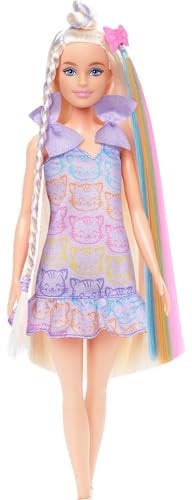 Barbie Poupée Fun & Fancy avec accessoires, poupée blonde avec cheveux extra-longs et 2 tenues, dont une robe argentée métallisée, et une extension de cheveux, JCT72