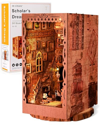 Morefün Book Nook Bibliothek,DIY Miniatur Puppenhaus Kit Mit Möbeln und LED Licht 3D Puzzle Holz,Diorama Buchstütze Bücherregal Deko Bücherecke Modellbausätze (Der Traum eines Gelehrten)