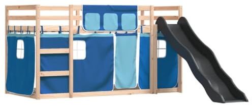 vidaXL Etagenbett, Kinderbett Spielbett mit Rutsche Gardinen, Hochbett Bett für Kinder, Stockbett Bettgestell mit Lattenrost Rausfallschutz, Blau 80x200cm