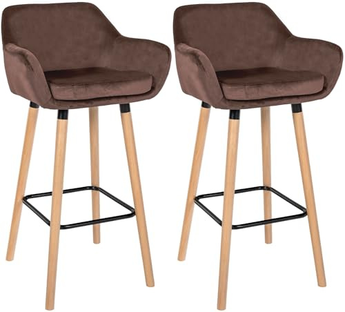 CLP Barhocker 2er Set gepolstert mit Lehne Grant, Barstuhl mit Samtbezug, Gestell aus Holz bis 150 kg belastbar | Farbe Coffee