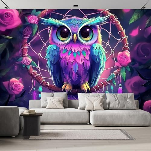 Lila Eule Fototapete， Traumfänger Tier Fototapeten Wandbild,Tapeten Moderne Wandtapete Wand Schlafzimmer Wohnzimmer Dekoration 450×315 cm