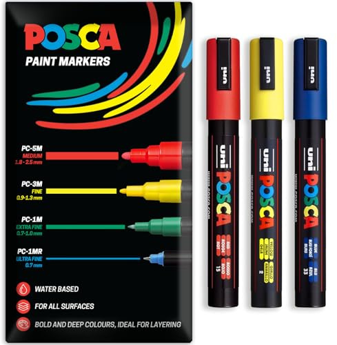 Posca Water Based Acrylic Paint Marker Pens | Multi Surface Use Permanent Paint Pen | Pack of 3 Pens in Envelope Gift Packaging | Glass, Fabric, Canvas, Wood etc | PC-5M, Red, Yellow, Blue