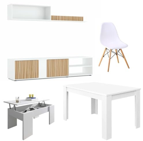 Mobelcenter, Conjunto Salón Ecco, Incluye Mueble y Mesa de Salón, Mesa de Centro y 4 Sillas, Acabado Color Blanco y Natur (P0003)