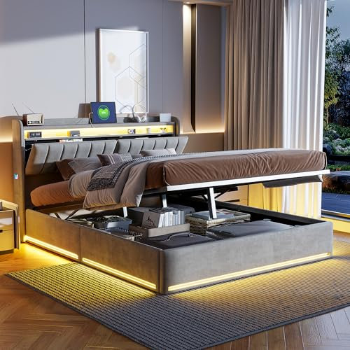 UnboxGermany Lit Coffre 160x200 cm avec éclairage LED et Charge USB, Lit Double Rembourré avec Rangement et Tete de lit, Sommier à Lattes, Velours, Gris