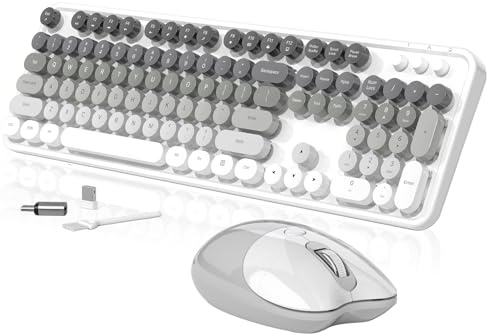 Creamy Wireless Keyboard and Mouse, MOFII 104 Round Keycaps Retro Typewriter with OTG & Brush, Full-Size Ergonomic, Ideal for Windows PC, Home, Office and College Gray White