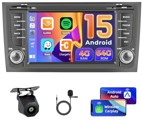 Hikity 4G+64G Android 15 Radio Coche Audi A6 C5 1997-2004 7 CarPlay | También para S6 1999-2004, RS6 2002-2006. Android Auto Inalámbrico. GPS. WiFi. FM/RDS. SWC. Cámara+MIC