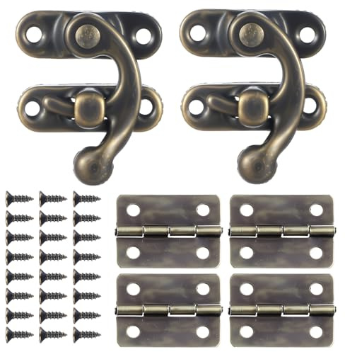Xinjoduz Mini Scharniere, Messing Klein Antike Bronze Scharnier Set mit Rechtsriegelhaken Verriegelung für Holzkiste Schmuckkästchen Holzkisten Dekorative Box (2x Riegelverschluss + 4x Scharniere)