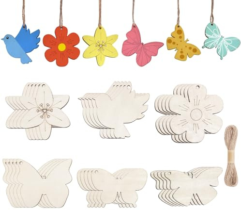 72 x Schmetterling Blumen Vögel Holzanhänger mit Loch zum Bemalen, 7cm | 7cm Holz Bastelset Holzblumen mit 10m Jute Schnur, Frühlingsdeko Holzanhänger Holztiere für DIY Malen Handwerk Deko