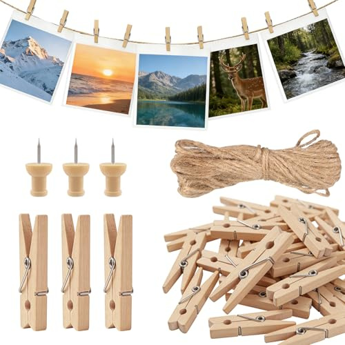 ywchoshe 200 Pcs Mini Pinzas de Madera con Cuerda para Fotos y DIY | Mini pinzas de madera de 2,5 cm con 10 m de cuerda de yute, ideales para decorar fotos, tarjetas y más。