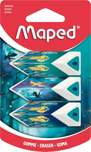 Maped DRAGON Pyramiden Radierer 3er Set – Dreieckiger Bleistift Radierer für präzises Radieren, PVC-frei, mit Schutzhülle, Fantasy Drachen Design, Schulbedarf für Federmappe, Zeichnen & Schule