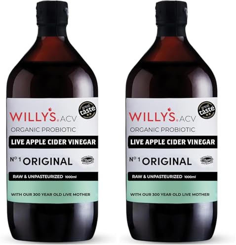 WILLY'S Apple Cider Vinegar with Live Mother - Probiotics For Detox & Gut Health - 1L Glass Bottle - Organic, Raw, Unpasteurised, Naturally Fermented ACV (Pack of 2)