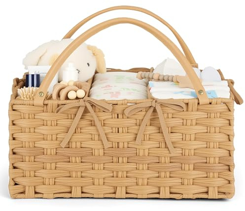 Klippehop Wickeltisch-Organizer, Korb Aufbewahrung geflochten aus PE-Rattan, Luxuriöser handgewebte Wickelorganizer für Babybedarf, Wickeltasche Unverzichtbares Geschenk zur Geburt (Natur, L)