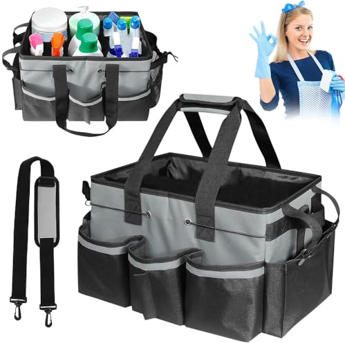 SKJJM Professional Cleaning Caddy with Handle, Foldable Large Waterproof Cleaning Storage Organiser with Removable Dividers & Shoulder Strap for Car & House Commercial Cleaning
