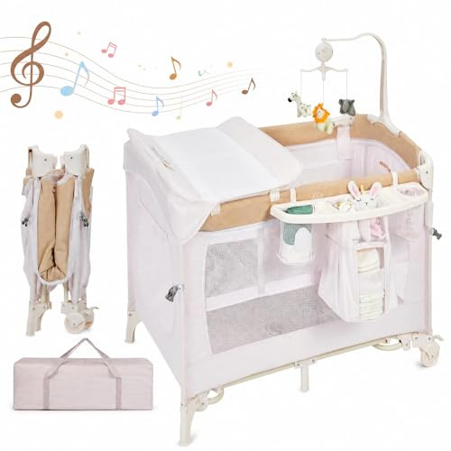 5-in-1 Baby Beistellbett, Reisebett Klappbar Mit Rollen, Babybett Mit Matratze & Wickeltisch, Höhenverstellbar, Stubenwagen Mit Musikspiel & Mobile, Tragetasche & Aufbewahrungskorb, Bis 15 kg, Rosa