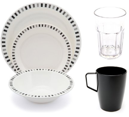 Harfield Camping Caravanning Black & Grey Stripe Tableware Pack - 20 Pieces - Plates, Bowls, Mugs, Tumblers - Reusable Virtually Unbreakable Polycarbonate Plastic
