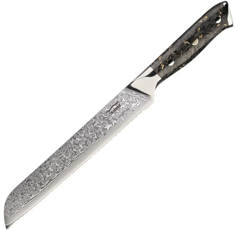 Tsume Brotmesser Carbon Gold, Klingenlänge 19cm, Echtes Damast Küchenmesser mit Karbonfasern und Blattgold, 67 Schichten VG10 Edelstahlkern mit Kunstharz Handgriff, Rasiermesserscharf